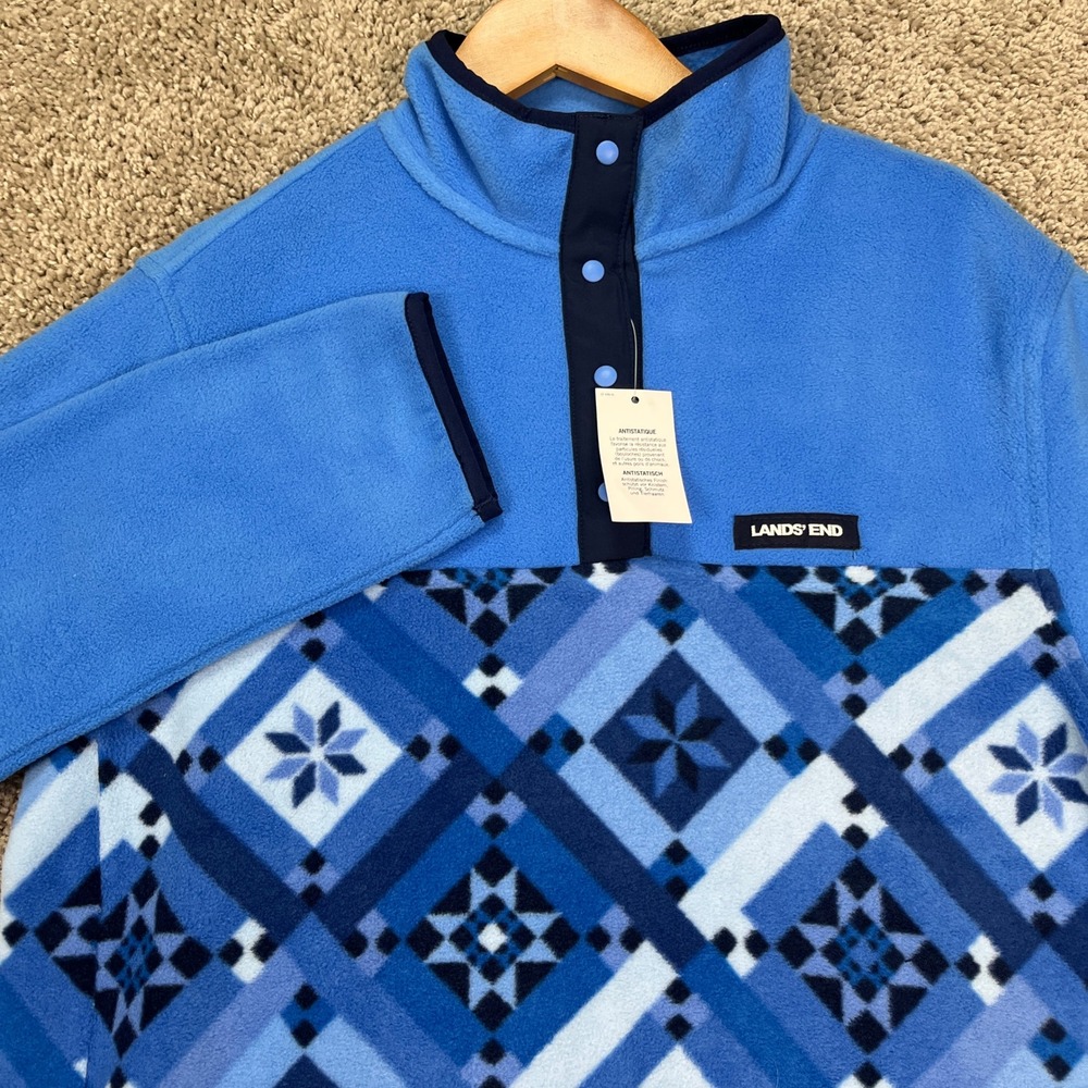 Lands End Heritage Pullover Womens S 6-8 Blue‎ Long Sleeve Fleece Snap Neck NEW